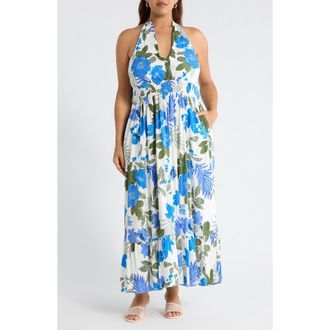 Sugarlips Zurie Floral Niam Smocked Midi Dress in Wht-Blue-Green at Nordstrom, Size 3 X