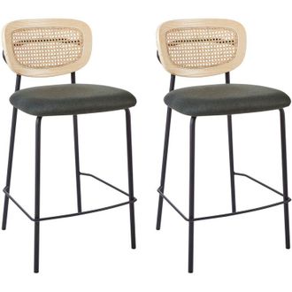 Beliani Set di 2 sedie da bar moderne Sgabelli con schienale in rattan a treccia viennese Seduta in poliestere senza braccioli Verde Scuro Gambe nere Mayetta