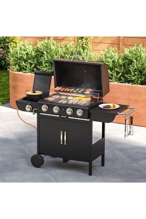 Living and Home 5-Burner Portable Outdoor Gas Grill with Side Burner - Mobile Wheels & Warming Rack & Thermometer for Camping, Party, Patio(Black)