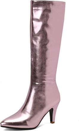 Generic Womens Metallic Kitten Heel Knee High Boots Side Zipper Fashion Winter Party Catwalk Dress Pumps Shoes (7.5,Pink)