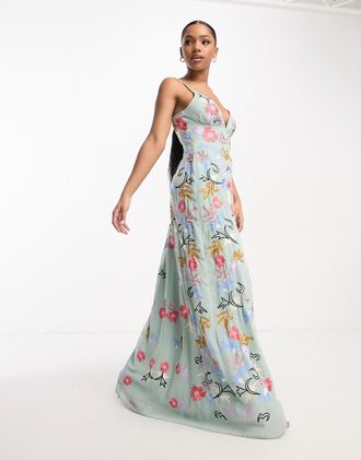 Maya Vestito da giorno con spalline sottili verde salvia ricamato