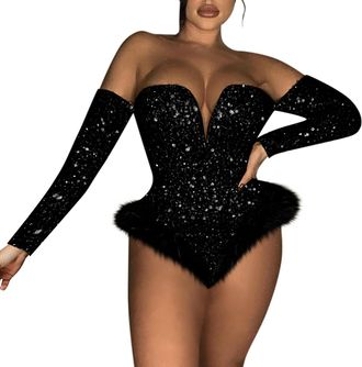 Generic Womens Zipper Offshoulder Sequin Velvet Long Sleeve Bodysuit Sexy Body Suit Tops Rompers Women Casual Sleeves (Black, M)