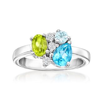 Ross-Simons Swiss Blue Topaz,. Peridot and. Aquamarine Ring With. Lab-Grown Diamonds in Sterling Silver