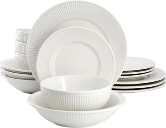 Elama Kate 16 Piece Textured Trim Double Bowl Porcelain Dinnerware Set in White