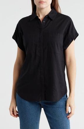 Caslon Double Pocket Linen Blend Camp Shirt in Black at Nordstrom Rack, Size X-Small