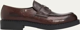 Prada Mens Leather Enamel Logo Moc-Toe Penny Loafers