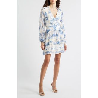 Chelsea28 Floral Long Sleeve Tiered Minidress in Blue Floral at Nordstrom, Size Xx-Small