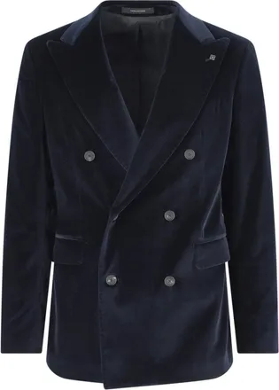 Tagliatore Dark Blue Double-Breasted Peak Lapel Velvet Blazer