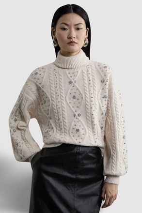 Karen Millen Wool Blend Embellished Cable Knit Jumper in Cream at Nordstrom, Size X-Small
