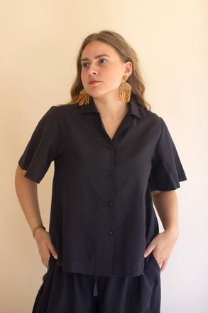 Kalalou Short-Sleeve Buttondown Blouse With Collar - Midnight