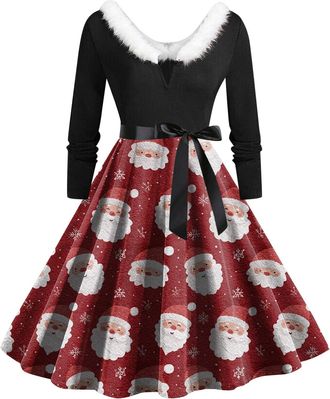 Generic Christmas Dress Womens V Neck Long Sleeve Winter Dress Elegant Perfect Party Printed Xmas Costume Swing Dresses Womens Christmas Sweatshirt Outfits Sw