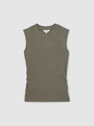 Reiss Khaki Green Fine-rib Ruched Vest Top, XS