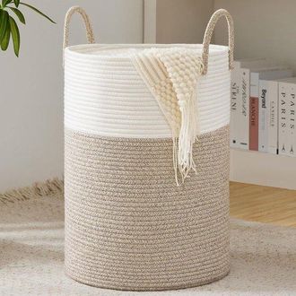 OEM Cesto De Ropa, Cesta De Ropa Tejida, Cesta Para Guardar Juguetes, Con Asa, Hecha A Mano, De Algod&oacute;n, Blanca Y Marr&oacute;n
