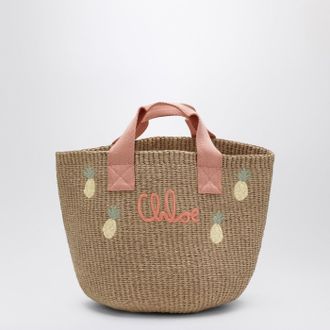 Chlo&eacute; Beige raffia-effect bag with logo embroidery