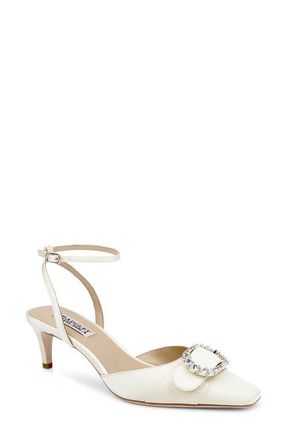 Badgley Mischka Odesza Kitten Heel Ankle Strap Pump in Yellow Crepe at Nordstrom, Size 9.5