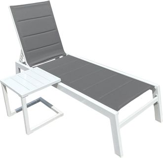 Happy Garden Happy Garden - Conjunto De Tumbona Y Mesa Auxiliar Barbados De Textileno Gris Aluminio Blanco
