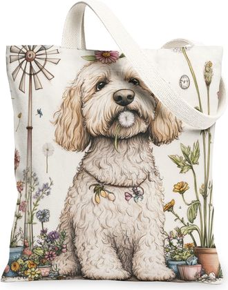 Generic Spring Labradoodle Dog Canvas Tote Bag for Shopping 13x15, Farmhouse Country Puppy Reusable Grocery Print Bag for Women, Farm Pet Beach Aesthetic Pain