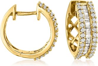 Ross-Simons Round and Baguette Diamond Hoop Earrings in 18kt Gold Over Sterling