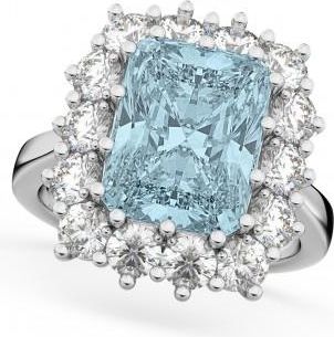 Allurez Emerald Cut Lab Aquamarine & Diamond Lady Di Ring 14k White Gold (5.68ct)