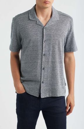 BOSS Powell Linen & Cotton Camp Shirt in Dark Blue at Nordstrom, Size Xx-Large