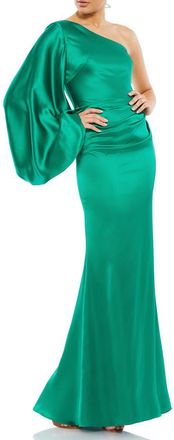 Mac Duggal Satin One Shoulder Puff Sleeve Gown in Emerald at Nordstrom, Size 16