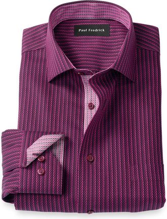 Paul Fredrick Tailored Fit Comfort Stretch Non-iron Stripe Dress Shirt With Contrast Trim