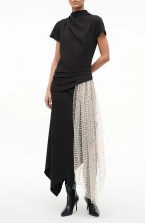 Staud Effie Drape Mock Neck Asymmetric Maxi Dress in Black/Stardust at Nordstrom Rack, Size 0
