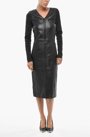 Diesel Leather and Ribbed Fabric Midi Dress L-OLA with Front Zip Diesel