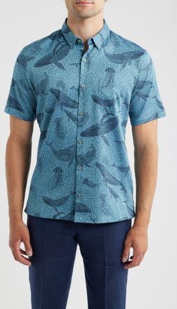 Tori Richard Marine Mosaic Jacquard Cotton Shirt in Ocean Blue at Nordstrom, Size X-Large