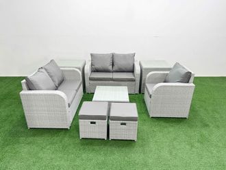 Fimous High Back Poly Rattan Garden Furniture Set w/ Reclining Chair Loveseat Sofa Square Coffee Table Indoor Outdoor Patio Set 2 Stool 2 Side Table
