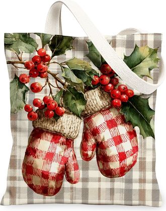 Generic Holiday Canvas Tote Bags, Mittens and Berries Pattern Reusable Grocery Bags, Rustic Lightweight Washable Shoulder Strap Canvas for Travel 13x15 Inch