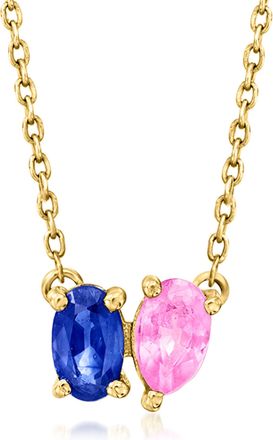 RS Pure by Ross-Simons Blue and Pink Sapphire Toi Et Moi Necklace in 14kt Yellow Gold