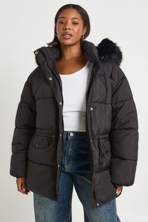 Boohoo Womens Plus Faux Fur Trim Parka - Black - Size 16 UK
