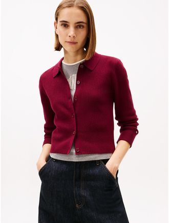 Tommy Hilfiger Womens Rib-Knit Polo Cardigan - Red - XS