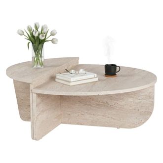 Dmora Mesa De Caf&eacute; Parete, Mesa De Centro Baja, Revistero Para Sof&aacute;, Estante De La Sala De Estar, 90x60 H35 Cm, Beige Y M&aacute;rmol - Dmora