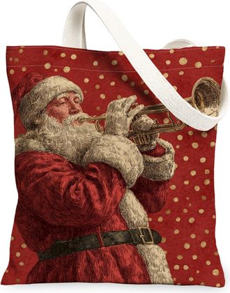 Generic Santa Music Canvas Tote, Vintage Holiday Pattern Reusable Bags, Festive Lightweight Washable Shoulder Strap Canvas for Trav, Red, 13x15 Inch