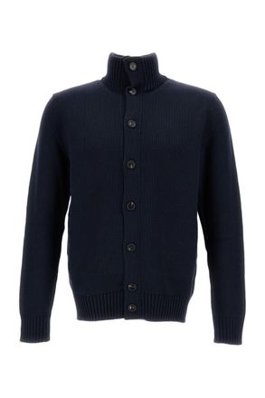 Zanone Oversized Blue Cardigan with High Ribbed Collar and Button Closure