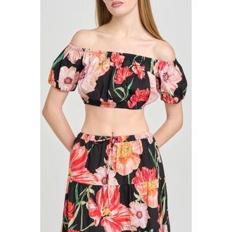 Wayf Annie Floral Off the Shoulder Crop Top in Black Poppies at Nordstrom, Size X-Small