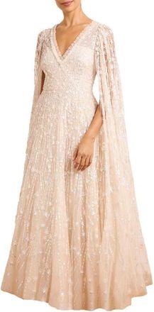 Needle & Thread Comet Embellished Cape V-Neck Maxi Dress in Cream at Nordstrom, Size 16