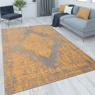 Paco Home Paco Home Alfombra Salon De Habitacion Pelo Corto Vintage Motivo Oriental Ornament 120x170 Cm, Amarillo Antracita