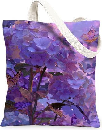 Generic Floral Canvas Tote Bags, Butterfly Design Reusable Grocery Bags, Spring Vintage Lightweight Washable Shoulder Strap Canvas, Violet, 13x15 Inch