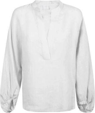 Eleventy V-hals top met verzamelde manchetten - Dames - Blouses - Wit - XS - Linnen - Overhemden