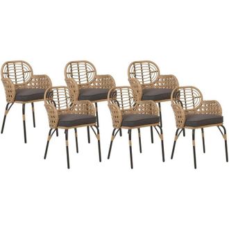 Beliani Set di 6 sedie in rattan con cuscino di seduta e poggia braccia naturale intrecciato Pratello