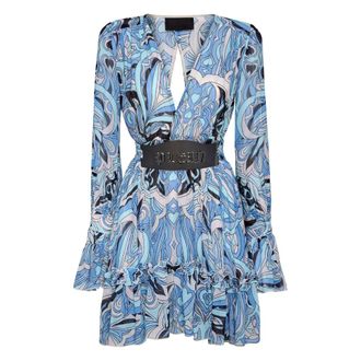 Philipp Plein Minijurk met grafische print en lange mouwen - Dames - Feestkleedjes - Blauw - S - Chiffon - Kleedjes
