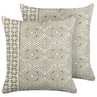 Beliani Conjunto De 2 Cojines De Algod&oacute;n Verde Claro Blanco 45 X 45 Cm Cremallera Larics
