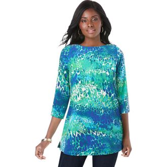 Jessica London Stretch Cotton Boatneck Tunic in Ocean Print at Nordstrom, Size 36