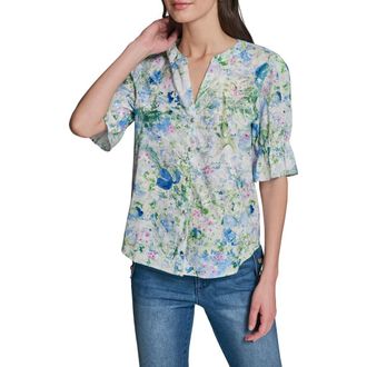 Karl Lagerfeld Print Puff Sleeve Top in Sky Blue Multi at Nordstrom, Size X-Small
