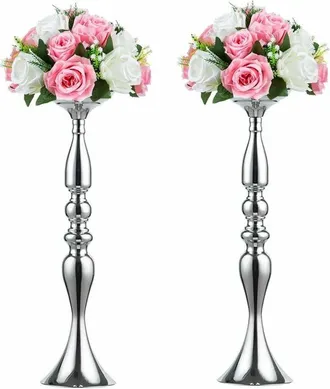 OEM Vase Metalico - Soporte Para Ramos Artificiales Y Velas Pilar - Altura 50 Cm - Diametro Base 12,5 Cm - Color Plata - 2 Unidades