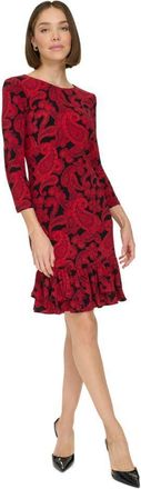 Tommy Hilfiger Womens 3/4 Sleeve High Neck Ruffle Trim Jersey Mini Dress, Black/Red, 10