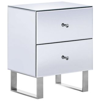 Beliani Mesa De Noche De Vidrio Plateado 48 X 35 Cm 2 Cajones Espejado Pomo Glamour Nesle